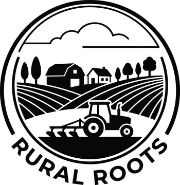 Rural farming badge logo template with tractor plowing fields, barn, and countryside silhouette