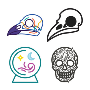 Mystical occult icon set, bird skull and crystal ball illustrations, geometric human skull vector, 4 esotericism symbols isolated on White Background halloween