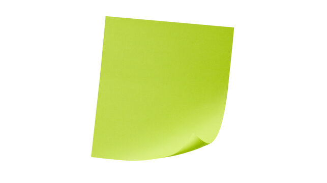 Bright green sticky note with curled corner, isolated on transparent background