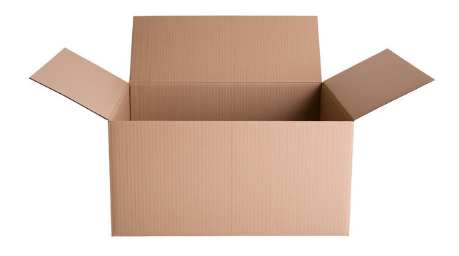 Open corrugated cardboard box with flaps extended, isolated on transparent background