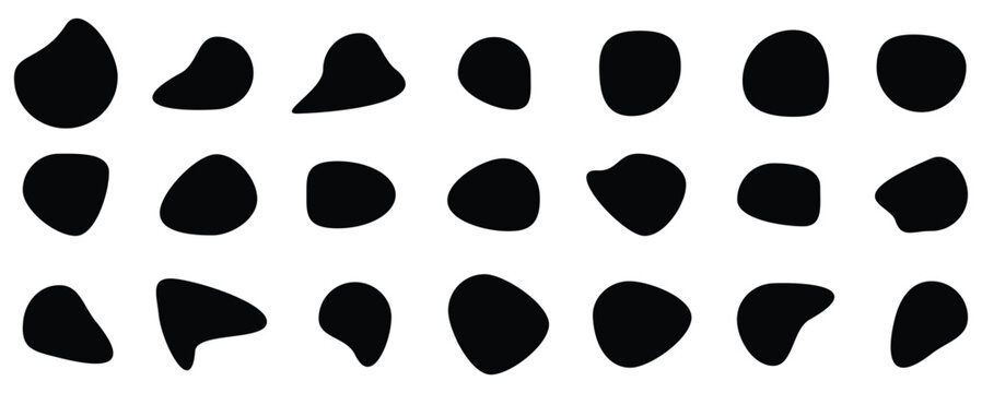 A collection of hand drawn black ink circles and irregular blob shapes isolated on a white background for graphic design and artistic