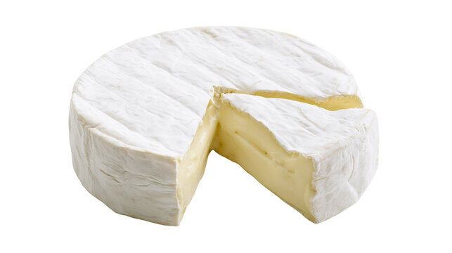Whole round brie cheese with a slice removed showing creamy interior, isolated on transparent background