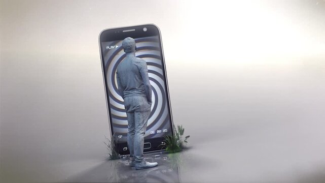 A symbolic depiction of how people are constantly chained to their phones as if under mind control, representing the idea that our smart phones are hypnotising us and dumbing us down, creating an unbr