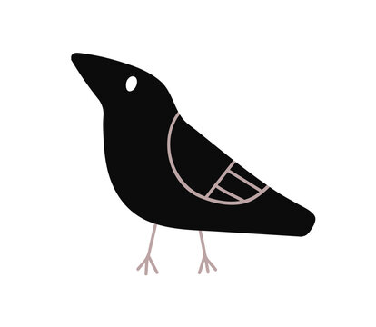 Cute black raven bird standing in profile, side view. Spooky creepy Halloween crow animal. Funny blackbird, scavenger in doodle style. Kids flat vector illustration isolated on white background.