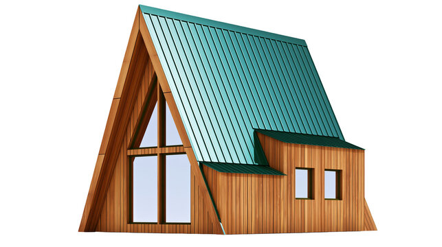 Modern A-frame wooden house with teal metal roof, isolated on transparent background