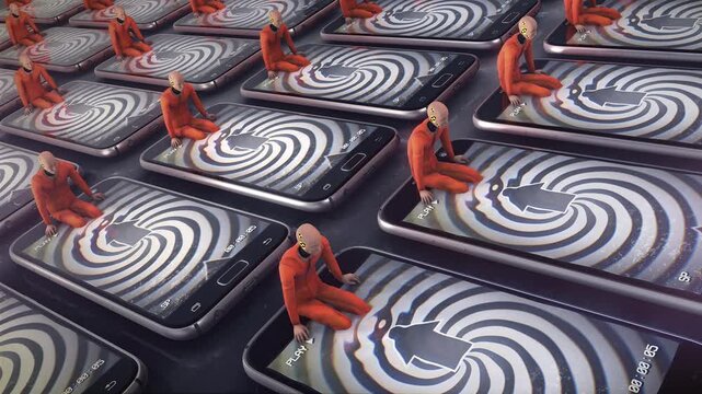 An abstract representation illustrating how smart phones are turning people into mindless dummies addicted to absorbing useless information. 
