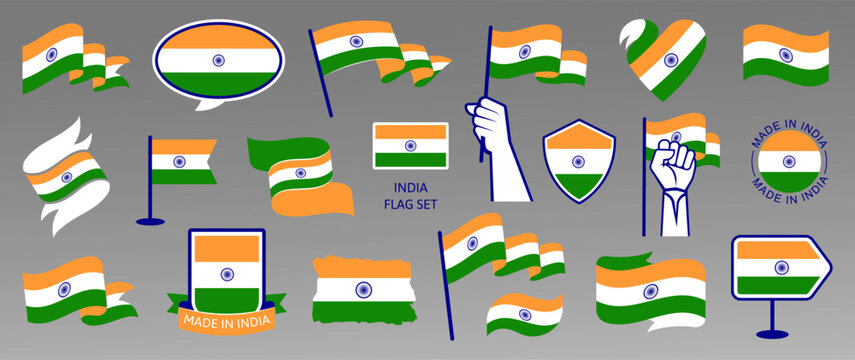 Indian Flags. Made in India Badges Vector Set in Different Styles