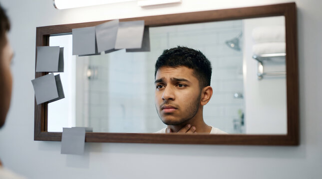 Sad young man looking into mirror covered with negative sticky notes