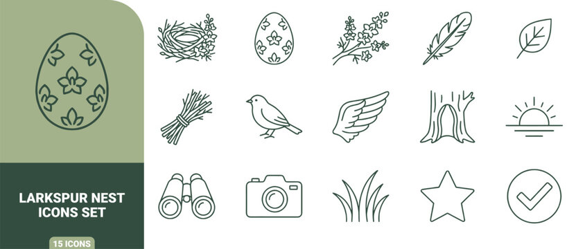 Set of green outline icons featuring larkspur nests, decorated easter eggs, birds, feathers, and nature