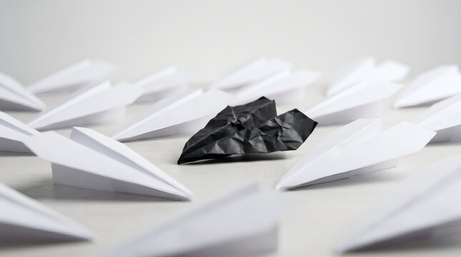 One crumpled black paper airplane surrounded by perfect white paper airplanes