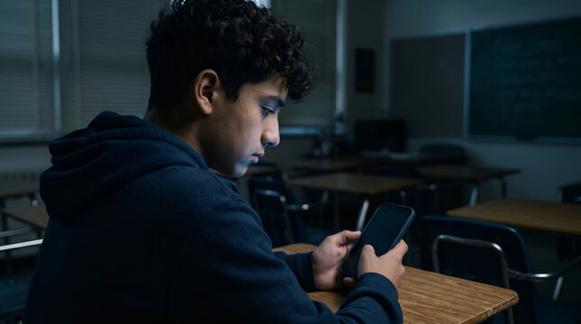 Sad young man looking at smartphone screen sitting in dark classroom