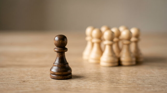 One dark chess pawn facing group of light pawns on wooden board