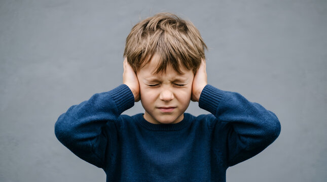 Distressed boy covering ears with hands standing against grey wall
