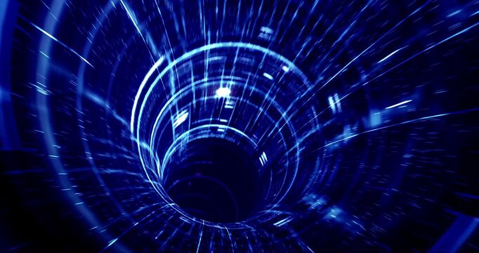 Futuristic light tunnel animation with glowing particle streaks and seamless camera motion for background. 4K 3D Animation.