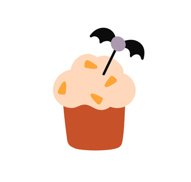 Halloween cupcake with whipped cream and paper on stick, holiday decoration. Spooky festive muffin, creepy dessert, sweet treat, food, bakery. Flat vector illustration isolated on white background.