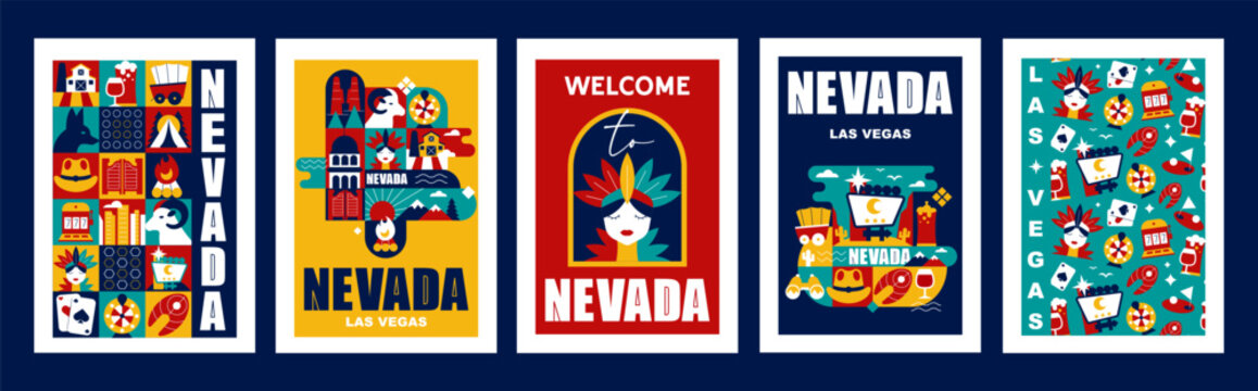 Nevada and Las Vegas Geometric Poster Set with Casino and Travel Symbols, Bold Retro Flat Design