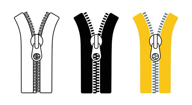 Open zipper icons featuring glyph, solid, editable, clipart, and sticker styles for modern vector illustration and branding design