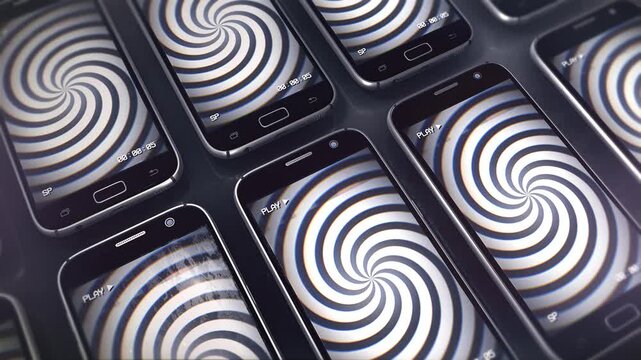 A symbolic depiction of how people are constantly chained to their phones as if under mind control, representing the idea that our smart phones are hypnotising us and dumbing us down, creating an unbr