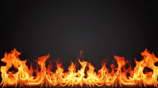 Row of Vibrant Fire Flames burning across a dark background with cinematic motion