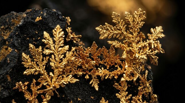 Native Gold Dendritic Crystals Forming Delicate Metallic Leaves and Branching Micro Forests