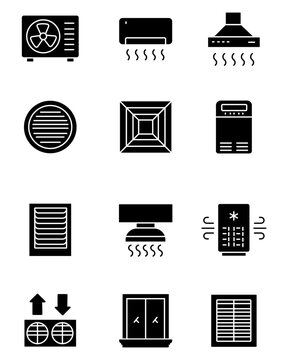 HVAC system icons set, 12 solid black air conditioning and ventilation vector symbols, climate control equipment for home and office