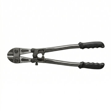 Metal bolt cutter tool with rubber grips and shiny blades  