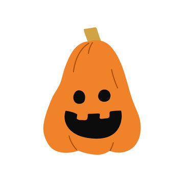Cute funny pumpkin with happy smiling face. Orange Halloween Jack o lantern character. Festive autumn squash, October holiday decoration. Flat vector illustration isolated on white background.