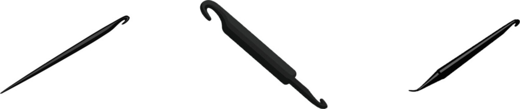 A premium black and white flat vector icon of a crochet hook for weaving in loose cord ends, featuring solid black lines and fills with a modern UI style, isolated on a pure white background