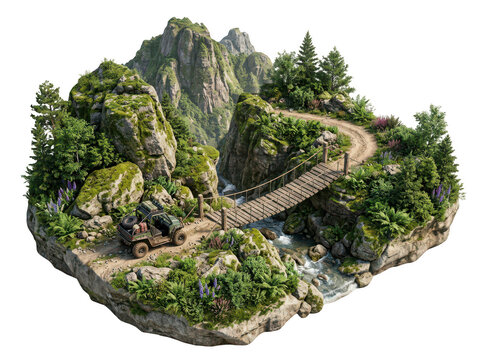 Miniature 3D mountain landscape with a wooden bridge and off-road vehicle on white background