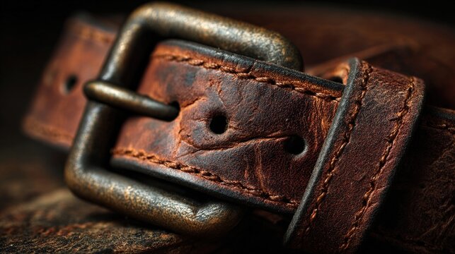 eyelets. Close-up of a thick worn leather belt with buckle and eyelets. lifestyle magazines, social media lookbooks, designed for lifestyle magazines and social media content, inspires lifestyle.