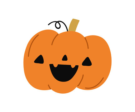 Cute funny Halloween pumpkin with creepy happy smile, carved face. Orange Helloween Jack o lantern character. Festive October holiday decoration. Flat vector illustration isolated on white background.