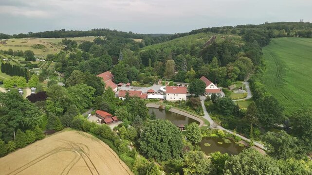 Aerial drone view of a golden wheat field with tramlines beside a small settlement in a wooded valley