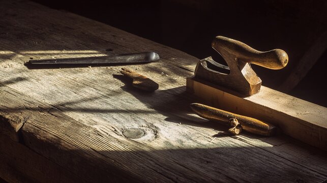 chisel. A rustic wooden workbench with carpentry tools and an unfinished wood piece. lifestyle magazines, social media lookbooks, designed for influencer and brand collaborations.
