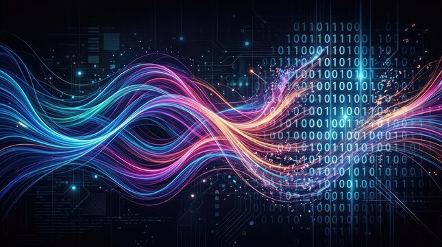 Abstract digital background, featuring flowing neon, light waves and, binary code streams, in blue and, purple colors for, technology concepts