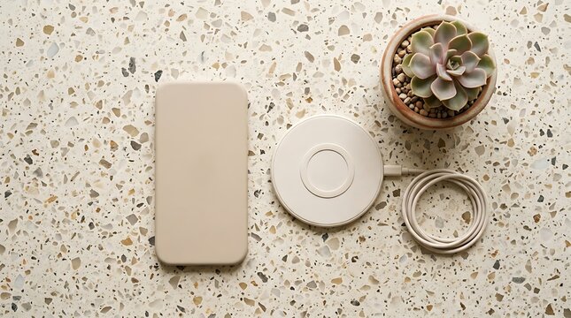 Minimalist flat lay of modern wireless charging setup with smartphone, circular charger, cable, and a small succulent plant on a speckled terrazzo background.