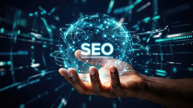 Hand holding a glowing digital globe with seo search engine optimization text and network lines representing global internet marketing strategy