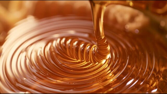 Honey flows in slow motions onto a shiny surface, forming circular shapes as it moves across the area