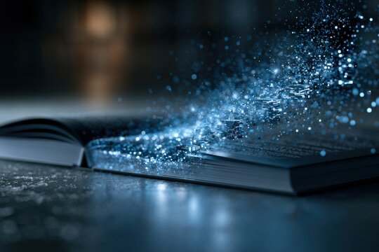 Open book with glowing particles rising and transforming into a stream of sparkling blue pixels representing knowledge and imagination emerging from its pages