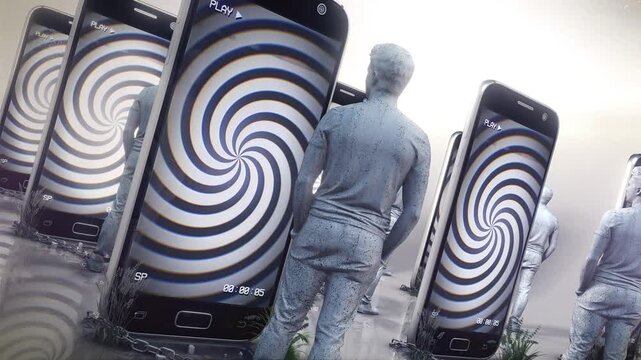 A symbolic depiction of how people are constantly chained to their phones as if under mind control, representing the idea that our smart phones are hypnotising us and dumbing us down, creating an unbr