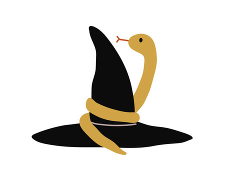 Witch hat with snake coiled around. Spooky Halloween wizard cap with magic serpent. Creepy festive October holiday decoration. Helloween viper. Flat vector illustration isolated on white background.