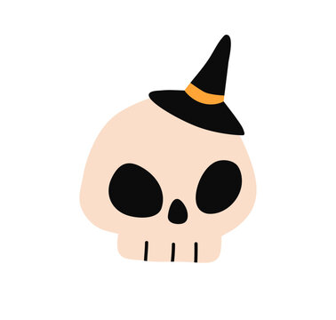 Skull wearing pointed witch hat. Funny Halloween skeleton, head bone in wizard cap. Spooky creepy scary festive October holiday character. Flat vector illustration isolated on white background.