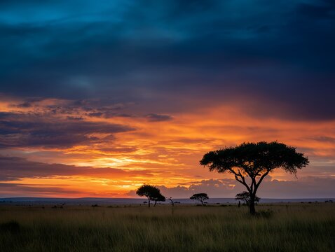 アフリカの広大なサバンナを夕焼けが染め上げる感動的な風景