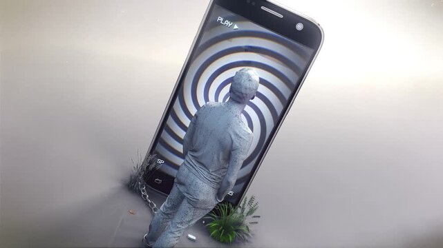 A symbolic depiction of how people are constantly chained to their phones as if under mind control, representing the idea that our smart phones are hypnotising us and dumbing us down, creating an unbr