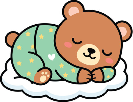 Cute kawaii brown bear sleeping on a cloud in starry pajamas vector illustration