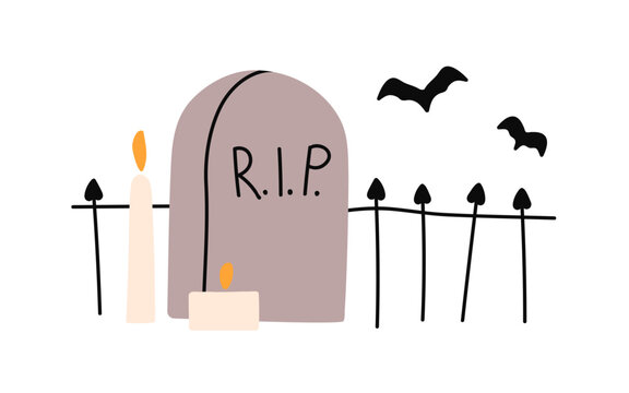 Halloween graveyard with RIP tombstone, candles, bats and fence. Spooky cemetery grave, tomb. Creepy festive October holiday decoration. Flat vector illustration isolated on white background.