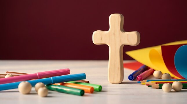 Wooden cross with colorful art supplies and craft paper ideal for children's religious education or church crafts on white table with maroon background.
