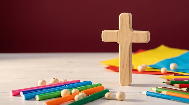 Wooden christian cross with colorful markers beads and paper for craft project or religious education for children.
