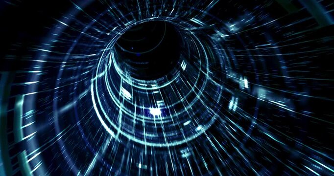 Abstract blue energy tunnel with fast glowing light trails moving through a deep dark space. 4K 3D Animation.