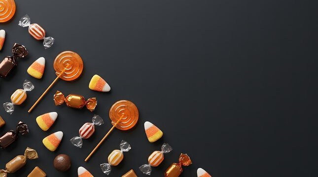 A spooky and festive halloween background with pumpkins candy corn and dark autumnal tones