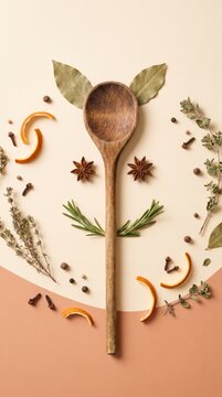 Rustic wooden spoon face with bay leaf ears and rosemary mustache on terracotta background